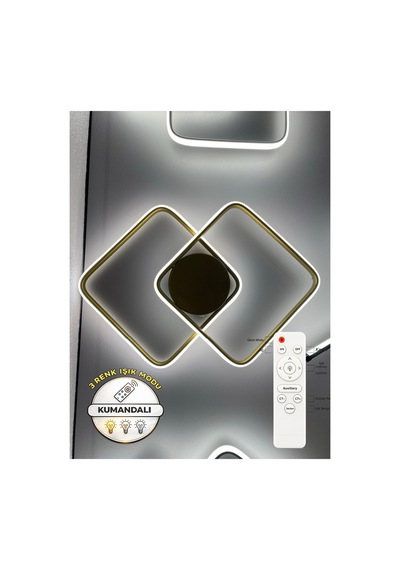 Yüksek Aydınlatmalı Kumandalı Kare Gold Tavan Plafonyer Led Avize, 3 Renk Aydınlatma
