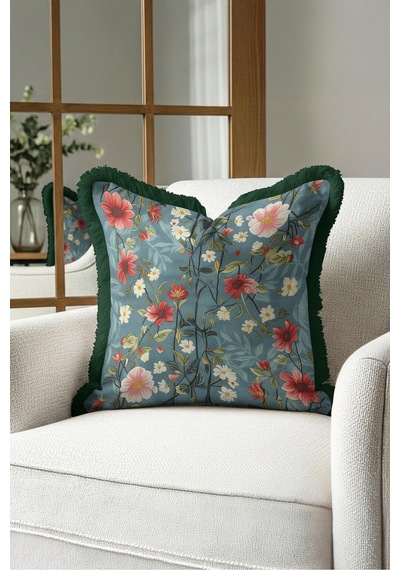Çiçek Bahar Floral Saçaklı Yastık Kılıfı - Botanik Bohem Mavi Yeşil Siyah Püsküllü Kırlent Kılıfı Sessiz Kanyon Ritüel Çiçek Bahar Floral Saçaklı Yastık Kılıfı - Botanik Bohem Mavi Yeşil Siyah Püsküllü Kırlent Kılıfı Sessiz Kanyon Ritüel