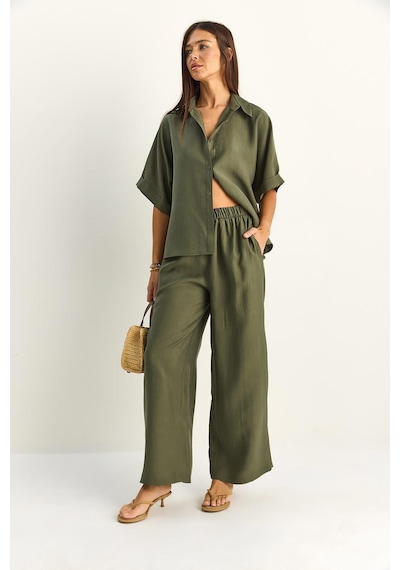 Shade Kadın Oversize Kısa Kol Gömlek Beli Lastikli Geniş Paça Pantolon Takım 7651 60286138 - Haki