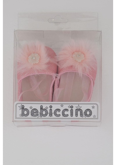 Bebiccino Kız Bebek Patik Ayakkabı Çiçek Aksesuarlı Tüylü Kurdela Bağlamalı 18-19 Numara, Pembe