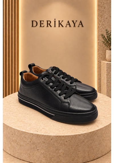 Deri Kaya Erkek Minimal Tasarım Bağcıklı Günlük Sneaker Spor Ayakkabı Siyah