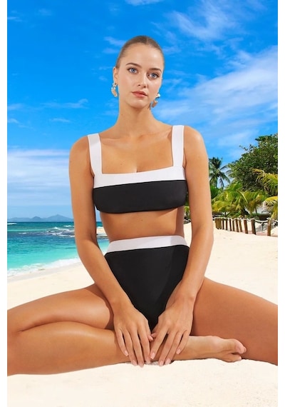 Ersefa Tasarım Bikini Takımı Hızlı Kuruyan Premium Kalite Esnek Kumaş Uv Siyah - Beyaz