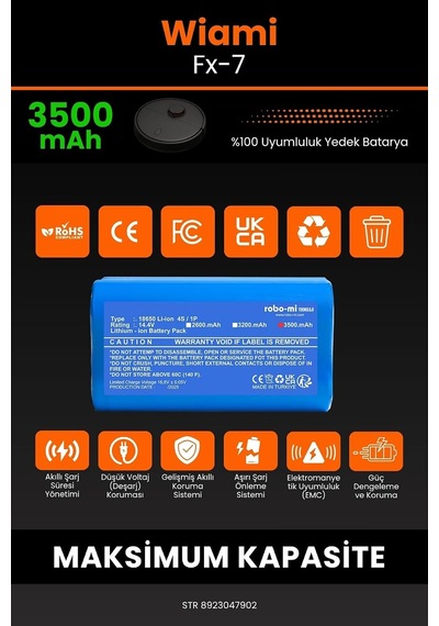 Robo Mi Wiami Fx-7 Robot Süpürge Bataryası, 3500mah Gerçek Kapasite, Maksimum Güvenlik, Model M288, Mavi