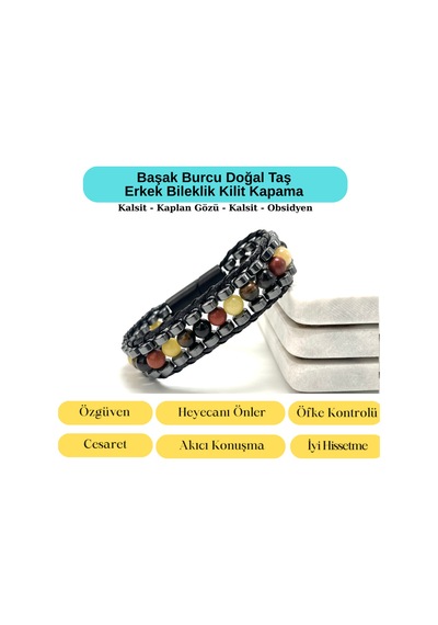 Sertifikalı Başak Burcu Disk Model Doğal Taş Erkek Bileklik Mıknatıslı Kilit Çok Renkli