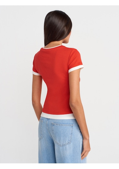 Dilvin 31859 Çift Görünümlü T-shirt-kırmızı Kırmızı