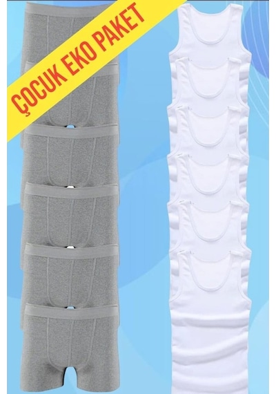 Tezzgelsin Erkek Çocuk Pamuklu Penye 6 Atlet 6 Boxer Beyaz Gri Beyaz - Gri