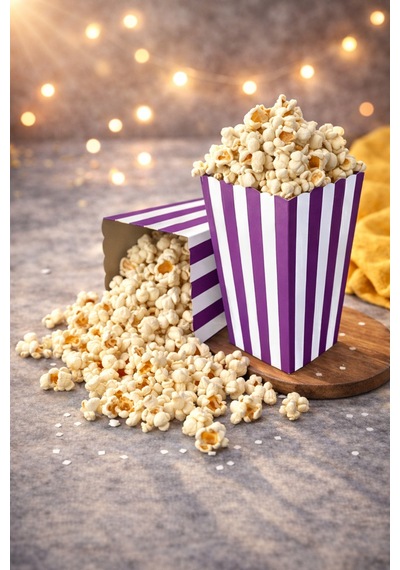 Mor Çizgili Popcorn Kutusu 8x11,5 Cm 8 Adet Patlamış Mısır Kutusu Parti Süsü Doğum Günü