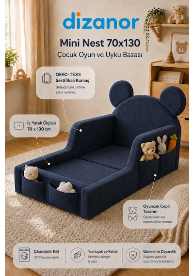 Dizanor Mini Nest 6sı 1 Arada Bebek Oyun Parkı Ve Park Yatak Lacivert 70 X 130