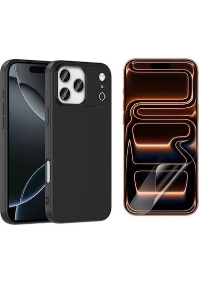 Apple Uyumlu iPhone 17 Pro Max Içi Kadife Lansman Kılıf Ve Mat Seramik Tam Kaplayan Ekran Koruyucu Siyah