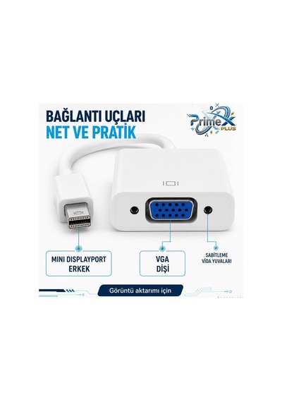 Primex Px-1515 Mini Displayport To Vga Çevirici, Macbook Mini Display To Vga Adaptör, 15 Cm Beyaz Görüntü Dönüştürücü, Mini Dp Erkek To Vga Dişi Monitör Projeksiyon Tv Bağlantı Aparatı