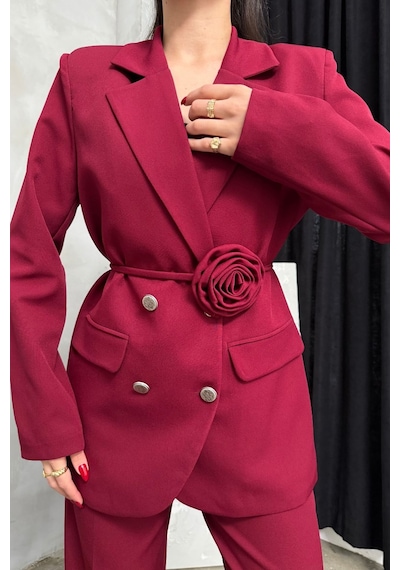 Msm Fashion Kadın İkili Blazer Ceket Pantolon Takım Aksesuar Ve Düğme Detaylı Bol Paça Bordo Msm Fashion Kadın İkili Blazer Ceket Pantolon Takım Aksesuar Ve Düğme Detaylı Bol Paça Bordo