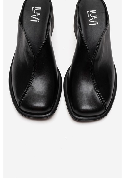 Luvishoes Ardent Siyah Cilt Hakiki Deri Önü Kapalı Kadın Kalın Topuklu Terlik