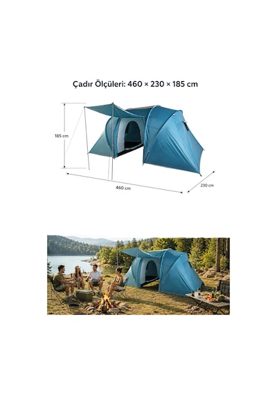 Walke 4 Kişilik Çift Bölmeli Aile Kamp Çadırı Su Geçirmez Polyester 460 X 230 X 185 Mavi