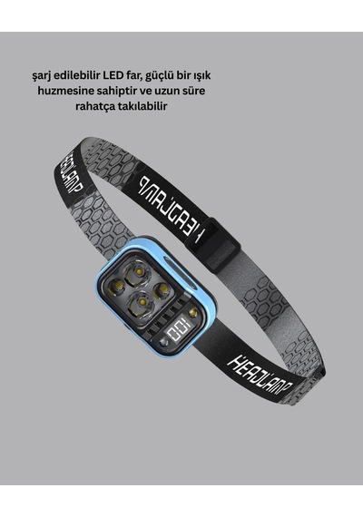 Süper Parlak Led Kafa Feneri 3 Renk 53 Mod Type C Şarjlı Mavi