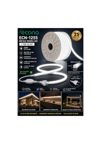 25 Metre Beyaz Işık 220v Neon Led Şerit Led, Çok Parlak, Kesilebilir, Tak-çalıştır Fişli & Yedek Fişli,esnek Led,6500k Beyaz-6500k 25 Metre Beyaz Işık 220v Neon Led Şerit Led, Çok Parlak, Kesilebilir, Tak-çalıştır Fişli & Yedek Fişli,esnek Led,6500k Beyaz-6500k