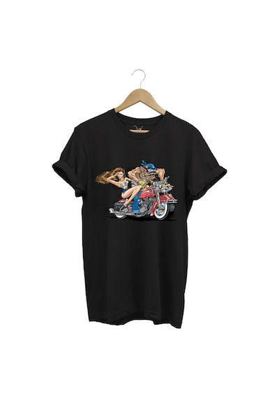 Motosiklet Motor Süren Adam Ve Kadın Baskılı %100 Pamuk Regular Fit T-shirt Siyah