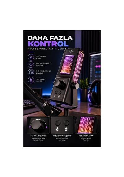 Robeve Yk Mc671 Profesyonel Yayıncı Mikrofonu Ve Oyuncu Mikrofonu Rgb Aydınlatmalı Mikrofon, Gürültü Azaltma, Ses Kontrolü Ve Ayarlanabilir Masa Uzatma Kollu Gaming Mikrofon