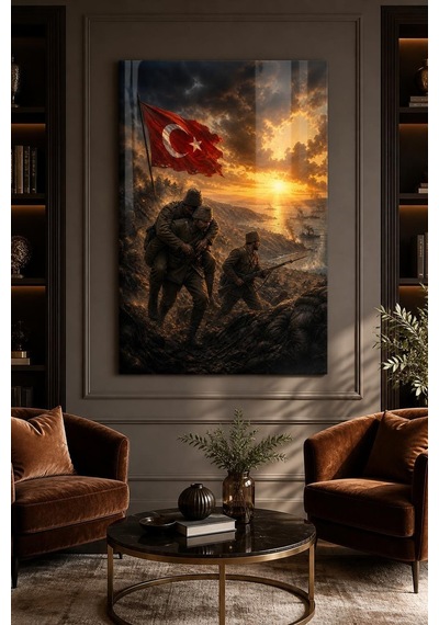 Çanakkale Savaşı Temalı Baskılı Cam Tablo Türk Bayraklı Uv Baskı Duvar Tablosu