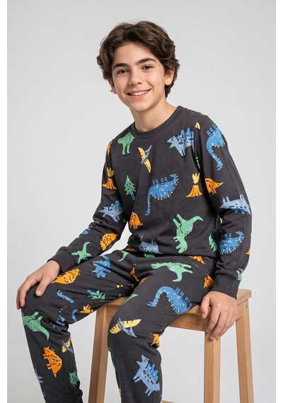 Zuzunga Dinozor Desenli Siyah Uzun Kollu Erkek Çocuk Pijama Takımı Antrasit
