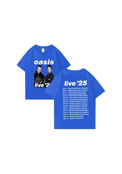 Flood Of Style Oasis Canlı 25 Tur Grafik T-shirt Adam Kadın Sıcak Satış 100% Pamuk Rahat O-boyun Kısa Kollu Mavi