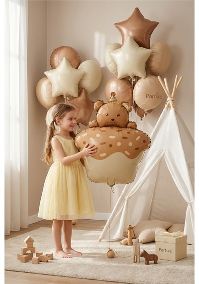 Ayıcık Figürlü Kahverengi Retro Cupcake Folyo Balon Baby Shower Doğum Günü Parti Süsü Çok Renkli