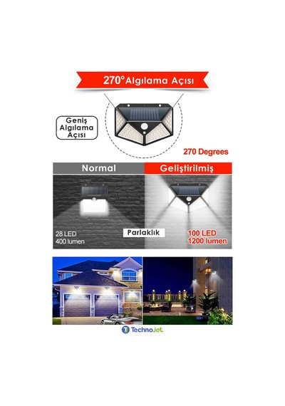Technojet 1Adet 100 Ledli Solar Sarı Işık Güneş Enerjili Bahçe Lambası Hareket Sensörlü