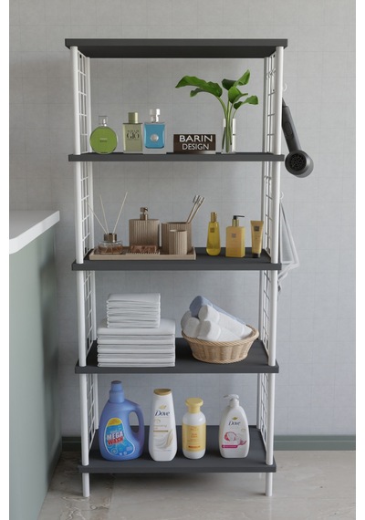 5 Katlı Çevir Kur Beyaz Metal Telli Banyo Rafı Çok Amaçlı Düzenleyici, Organizer Stand Banyo Dolabı Antrasit