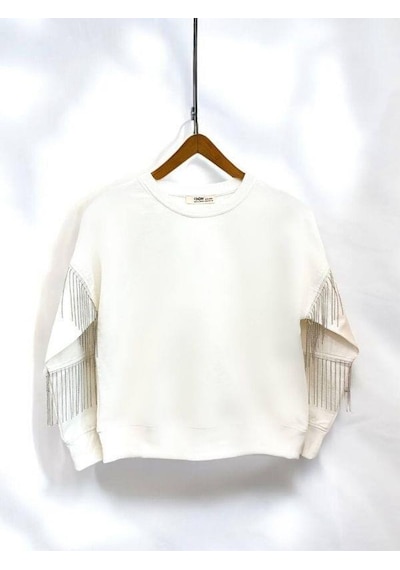 Kız Çocuk Yüzde Yüz Pamuklu İki İplik Zincir Detaylı Sweatshirt-14446 Ekru