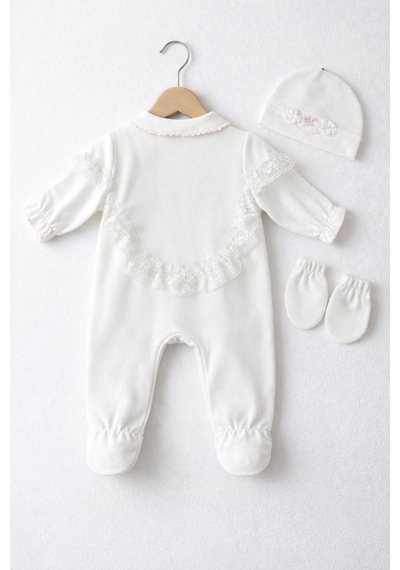 Kardeşler Bebe Dantelli Çiçek Nakışlı Kız Bebek Tulum Bere Eldiven Seti Ekru