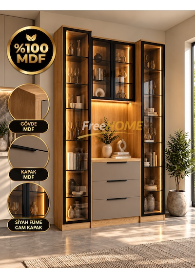 Freehome Doğa Kahve Köşesi Led'li Cam Kapaklı Mdf 160x210x40 Kum Beji
