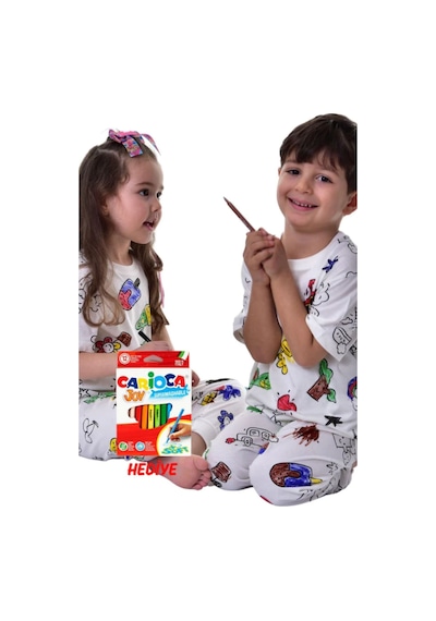 Zuzunga En Sevimli Figürler Özel Kalemi İle Boyanabilir Çocuk Pijama Takımı 12'li Kalem Seti Hediye Beyaz