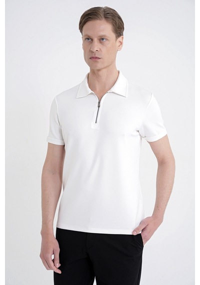 Efor Slim Fit Esnek Pamuklu Fermuarlı Ekru Polo Yaka Tişört Ts 926