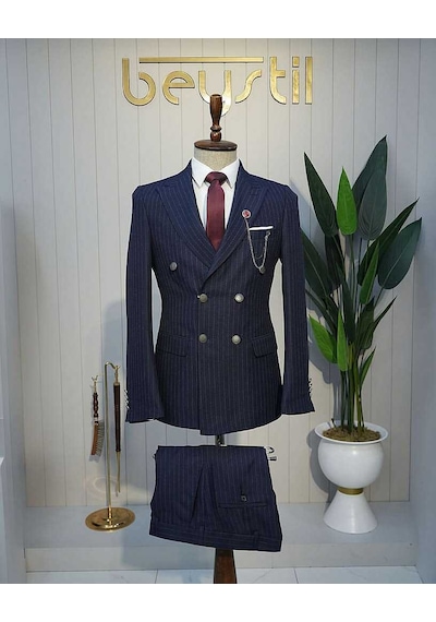 Bys Beystil Sivri Yaka Lacivert Çizgili Kruvaze Takım Elbise Togo - Slim Fit
