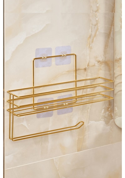 Parlak Altın Modern Banyo Rafı Yapışkanlı Duş Organizer Kağıt Havluluk