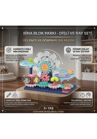 Lunapark Temalı Dönme Dolap Ve Tren Raylı Penguen Figürlü Dıy Çarklı Eğitici Yapı Oyuncak Seti