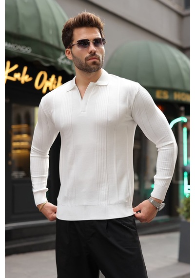 Madmext Beyaz Polo Yaka Slim Fit Erkek Triko Kazak E7527