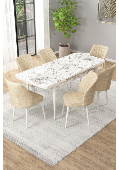 Arel Beyaz Mermer 80x132 Açılabilir Mdf Masa Yemek Odası Takımı, Mutfak Takımı 6 Adet Sandalye Beyaz Mermer - 6 Krem - Beyaz Ayak Arel Beyaz Mermer 80x132 Açılabilir Mdf Masa Yemek Odası Takımı, Mutfak Takımı 6 Adet Sandalye Beyaz Mermer - 6 Krem - Beyaz Ayak