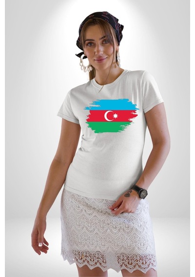 Azerbeycan Bayrağı Unisex Unisex Beyaz Organik Baskılı T-shirt Penye Yüksek Kalite Beyaz