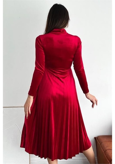 Dip Moda Kadın Yakası Bağlama Detaylı Piliseli Kadife Elbise Dpnbq012 Kırmızı