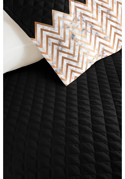 Siyah Geometrik Modern Tek Kişilik Pike Takımı - Mermer Görünümlü Bakır 160x220 Cm Yatak Örtüsü Mistik Harmoni Harmonu