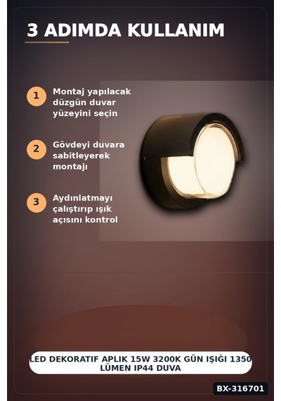 Led Dekoratif Aplik 15w 3200k Gün Işığı 1350 Lümen Ip44 Duvar Lambası 17 Cm Bx-316701 Diğer