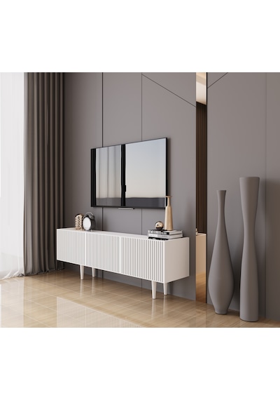 Capella Beyaz Country Mdf 3 Kapaklı Ahşap Ayaklı 140 Cm Tv Ünites
