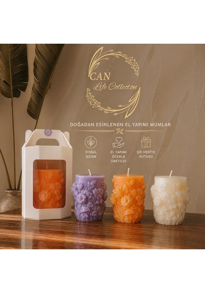 El Yapımı Doğal Mum Çiçek Desenli Dekoratif Mum Seti Şık Hediye Kutulu, Aromatik Estetik Tasarım Turuncu