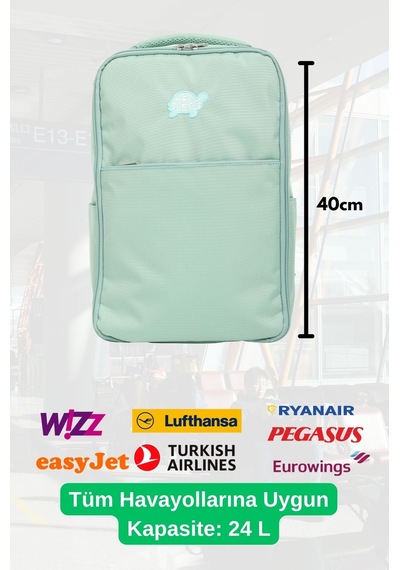 Jet Turtle Seyahat Sırt Çantası 40cm 40x25x15 Cm Pegasus, Wizz Air, Ryanair, El Valizi Koltuk Altı Valizi Yeşil