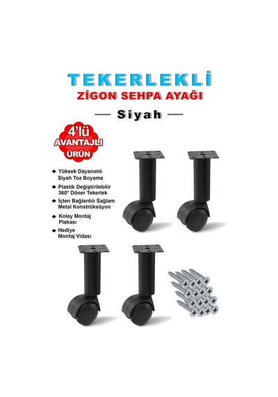 15cm Çap32mm 4 Adet Metal Gövdeli Plastik Tekerlekli Sehpa Ayağı Siyah