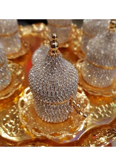 Ceyyiz Kristal Taşlı Gold Kahve Fincanı Lokumluk Seti