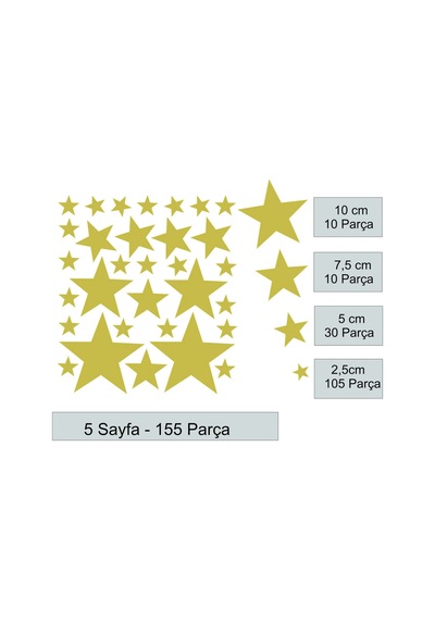Yıldız Duvar Sticker - 2,5 - 5 - 7,5 - 10cm Karışık Ebatlarda - 155 Adet Altın