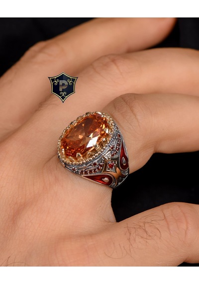 Prestij Gümüş 925 Ayar Gümüş Şampanya Topaz Taşlı Zirkon Taş Süslemeli Erkek Yüzüğü