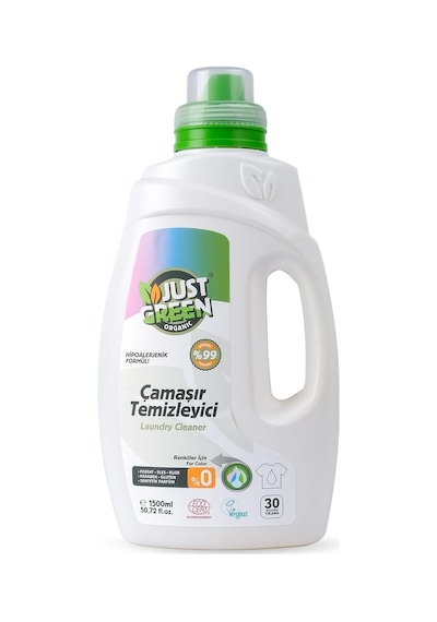 Just Green Organic Renkli Çamaşırlar İçin Doğal Sıvı Deterjan, Hassas Ciltlere Özel Hipoalerjenik & Vegan Çamaşır Deterjanı, 1500 Ml