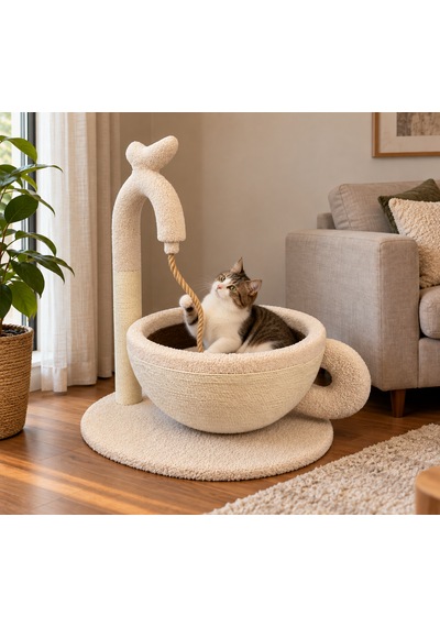Pureza Kahve Fincanı Tasarımlı Kedi Yatağı, Sisal Tırmalama Direkli & Oyuncaklı Peluş Kedi Dinlenme Alanı